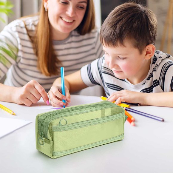 XEOVHV Grande Trousse à Crayons en Maille, Sac à Stylos 2 Compartiments Transparent Trousse de Maquillage Multifonction pour Adolescent Étudiant Collège Voyage d'Affaires Bureau Adulte