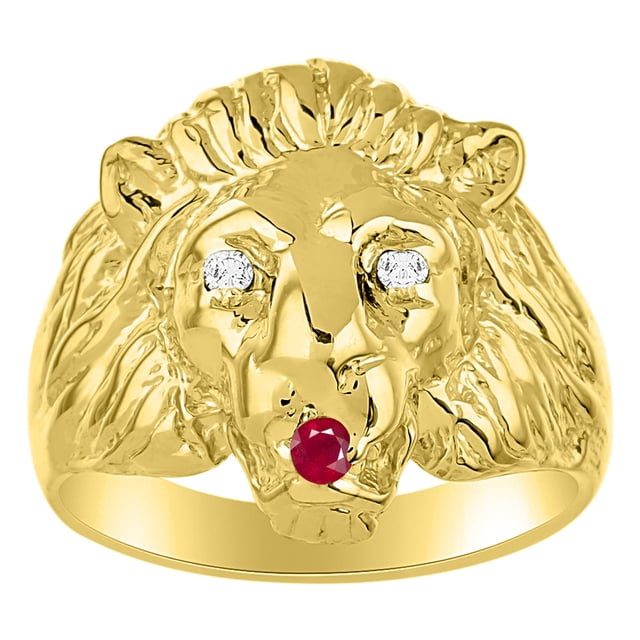RYLOS Rings Yellow Gold Plated Silver Lion Head Ring Amazing Conversation Starter Diamond Eyes & Ruby Mouth Size 7