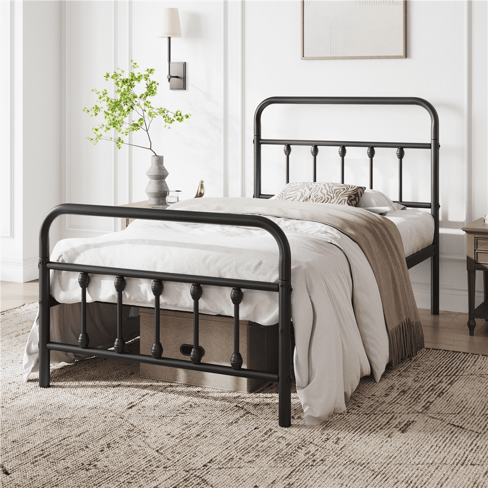 FullFurnique Metal Platform Bed with High Headboard and Footboard for Adults, Twin, Black