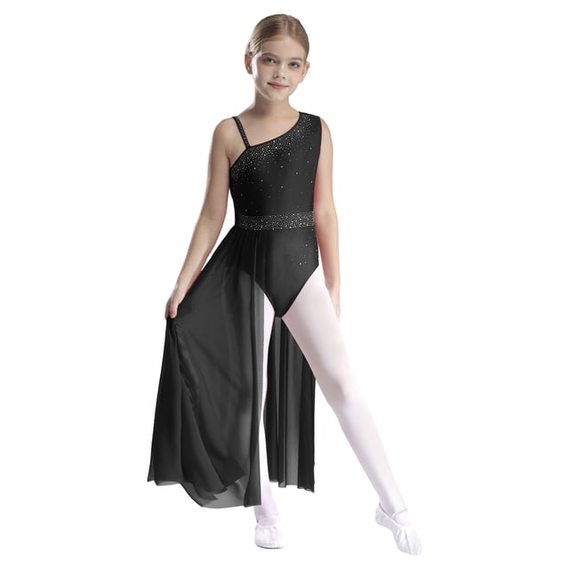 LiiYii Robe de Danse Lyrique pour Filles Ballet Patinage Artistique Longue Robe Justaucorps de Gymnastique Sans Manches Noir 14