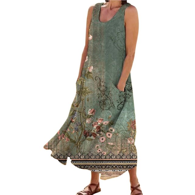 TJAZFJPA Robes d'Hiver Femmes Tendance 2025 Mode Femme Col Rond Décontracté Imprimé Pissenlit 3D Sans Poignets Poche Longue Robe Débardeur Robe Décontractée Robes Femmes Été Robes de Designer pour Femmes