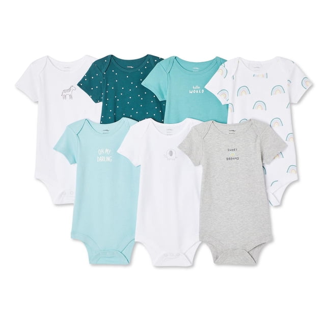 George Infants' Unisex Layette 100% Cotton 7-Pack Bodysuit Front-facing studio view of seven short-sleeve infant bodysuits laid flat and slightly fanned; interlock and rib-knit cotton texture, envelope necklines and snap-button inseams, assorted colours and prints on a neutral background.