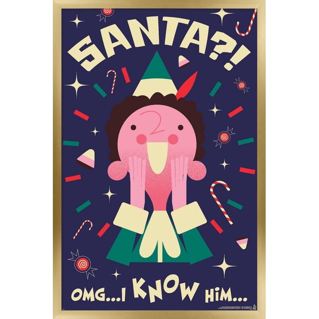 Elf - I Know Him Wall Poster, 14.725" x 22.375" framed, depicting a front-facing cartoon elf with a green and cream hat and outfit, pink face with rosy cheeks and hands on cheeks in surprise, on a dark blue background with candy canes, candy pieces, and stars, featuring cream text 'SANTA?!' at the top and 'OMG... I KNOW HIM...' at the bottom, suitable for festive home décor or party wall art.