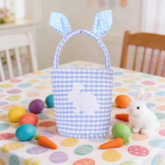 karymi Checkered Fabric Bunny Ear Easter Basket with Handles for Candy Egg Gift Storage Party Favor Bag in Pink Yellow Purple Blue Green Gifts for Women House Decor