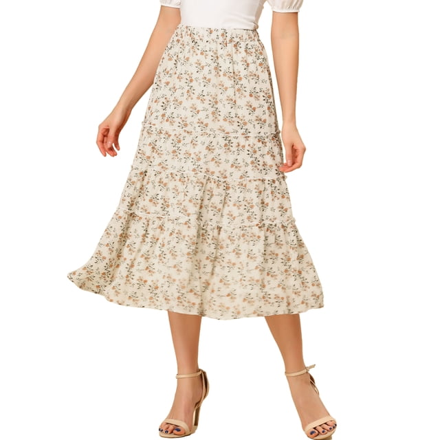 Unique Bargains Jupe Maxi à Volants à Étages à Taille Élastique à Imprimé Floral pour Femme, Blanc, TP