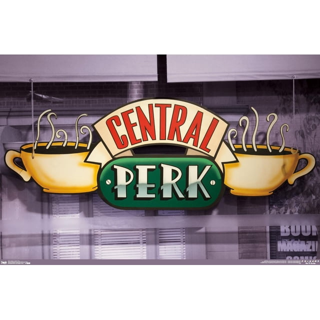 Friends - Central Perk Wall Poster, 22.375" x 34" displaying the Central Perk logo with two steaming yellow coffee cups on each side of a green and cream banner with red and white lettering, printed on glossy poster paper, suitable for framing or hanging in bedrooms, offices, or dorm rooms.