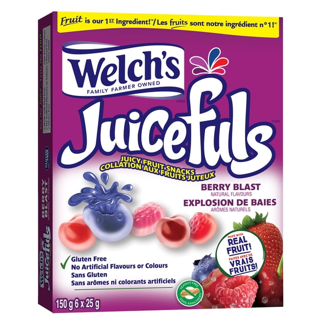 Welch's Fruit Snacks Berry Blast 6 Count Snack Box with purple packaging displaying berry-shaped fruit snacks including blueberry, raspberry, and strawberry, gluten free and made with real fruit, free from artificial flavours or colours, ideal for a natural fruit snack.