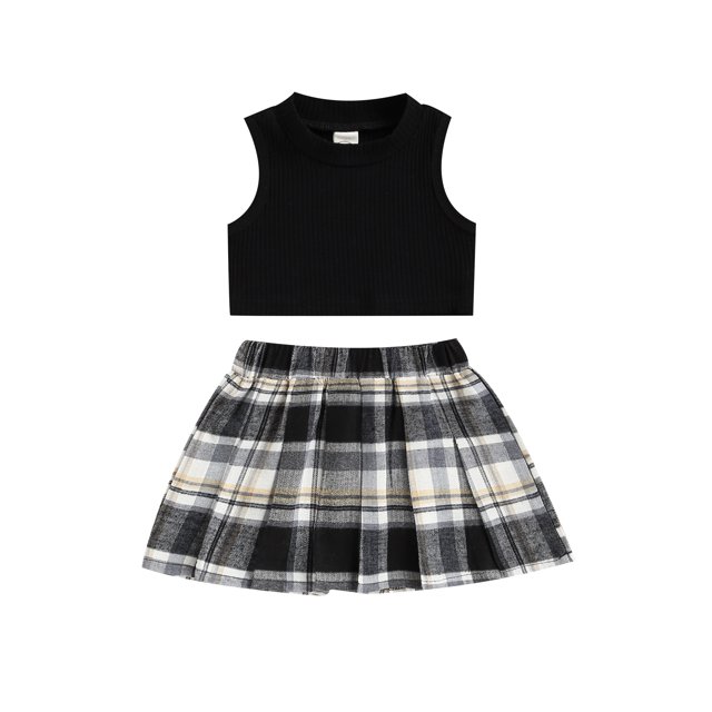 Faithtur Toddler Girl Fashion Outfits Set, Solid Color Ribbed Sleeveless Tank Tops + Elastic Waist Contrast Color Plaid Pleated Skirt