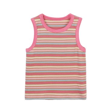 VEKDONE Chandail Sans Manches en Coton d'Été pour Petite Fille, Hauts à Enfiler, T-Shirt à Rayures Colorées Tendance pour Tout-Petites Filles, Respirant, Col Ras du Cou, Texture, Débardeur en Tricot, Économies d'Été, Rose 80