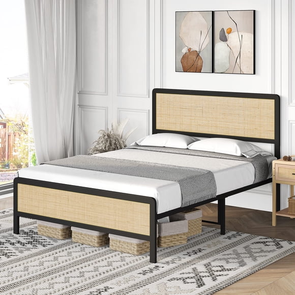 TROPOW Full Size Bed Frame,with Natural Rattan Headboard and Footboard,Metal Platform Bed Frame,Mattress Foundation with Steel Slat Support,Under Bed Storage,No Box Spring Needed, Easy Assembly