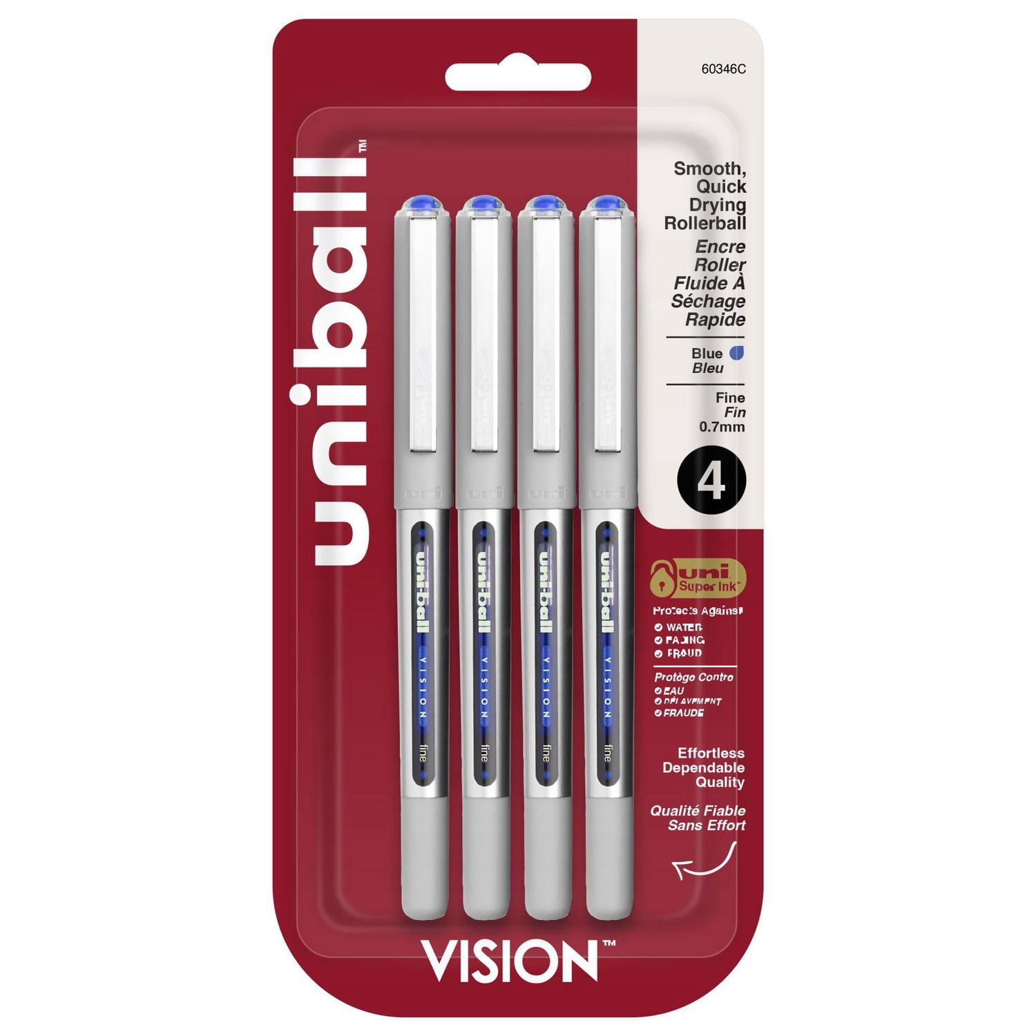 uniball™ Vision Rollerball Pens, Fine Point (0.7mm), Blue, 4 Pack