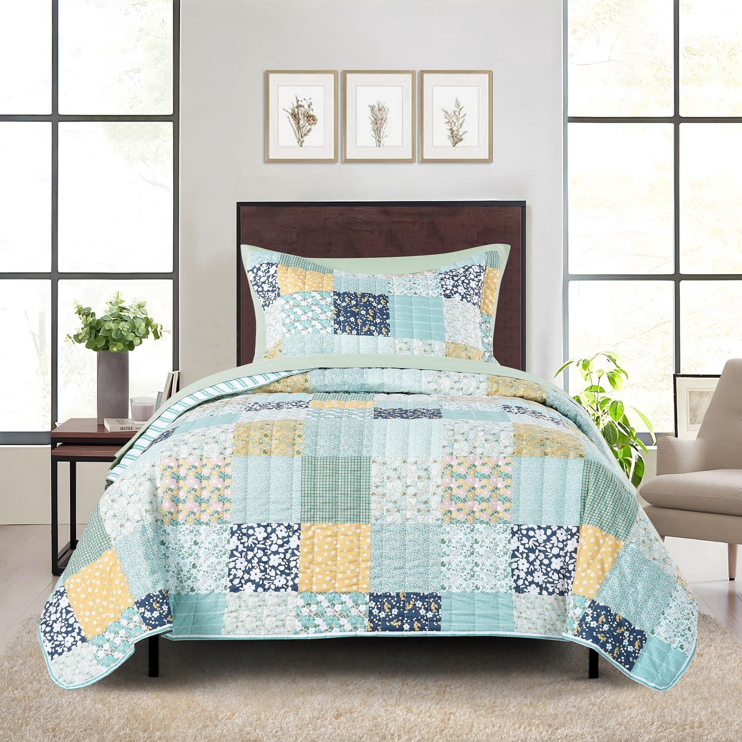 Mainstays Ensemble courtepointe et drap-housse légers tout-en-un - 7 pièces, Lit 2 PL, Patchwork