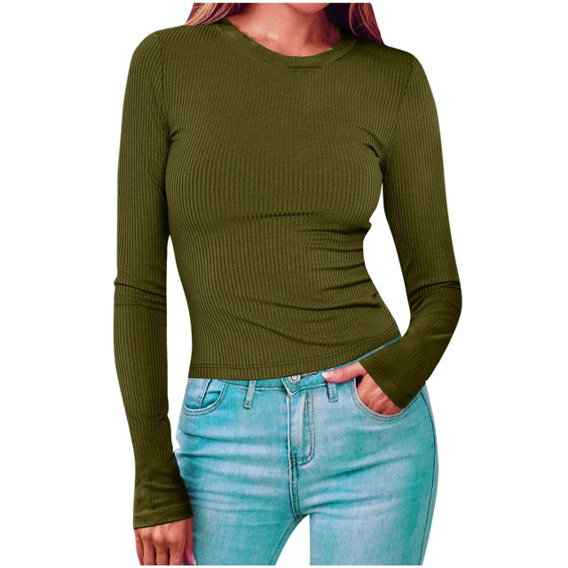 Timegard Hauts pour Femmes Col Ras du Cou Manches Longues Confortables Couleur Unie Camisoles Automne Décontracté Ajusté T-Shirts Hauts