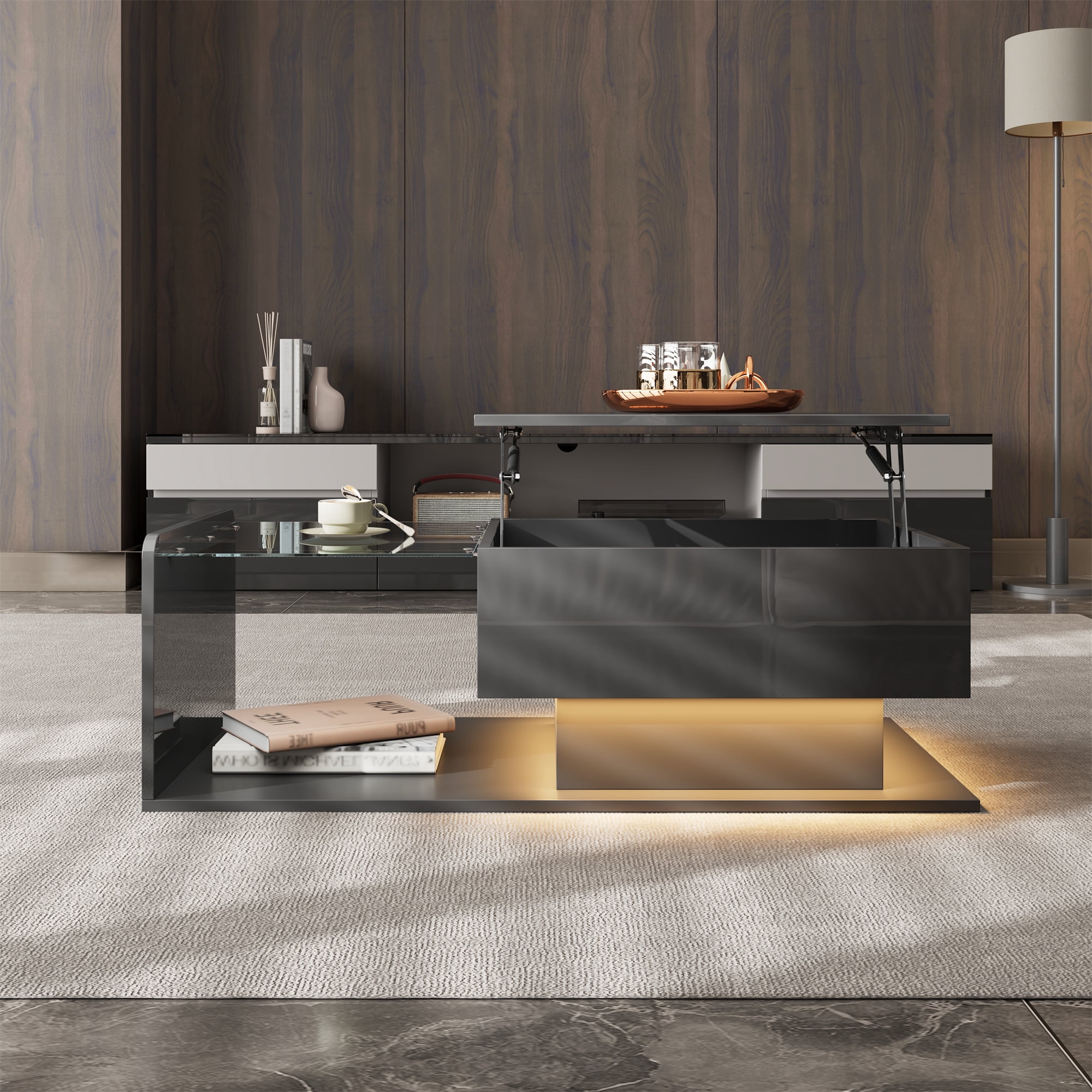 Noble House Table Basse Élévatrice Brillante, LED Contrôlé par Application et Hauteur Réglable avec Dessus en Verre et Rangement, Noir
