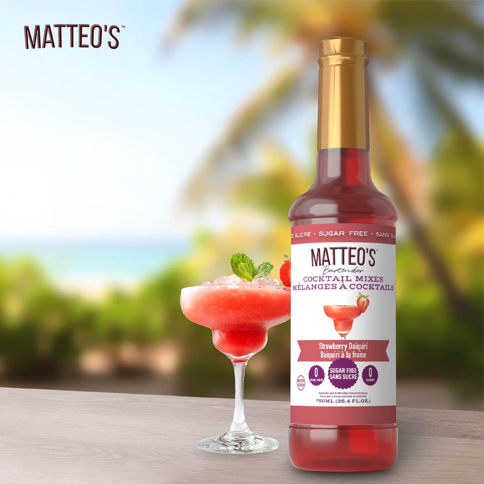Matteo's Sugar Free Cocktail Syrup, Strawberry Daiquiri, 750mL, 0 Calories, Sugar, (Single Bottle)