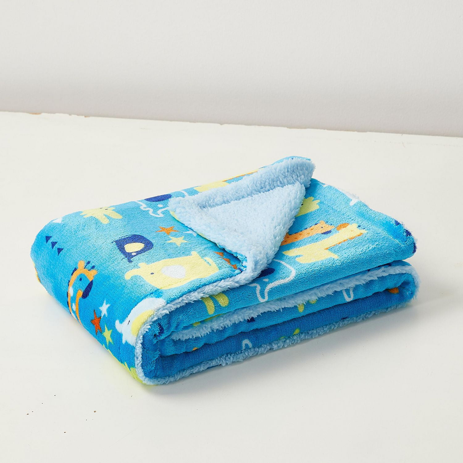 Couverture réversible en flanelle polaire Sherpa pour enfants, motif animalier, motif zoo, motif bleu, jaune et vert, 76 x 101 cm, motif de base bleu