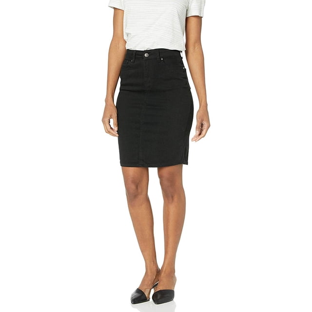 YDX Junior's Stretch Mini Jean Skirt in black denim, X-Large size, designed for women and juniors. Features a high-waisted, mid-rise fit with five-pocket styling and stretchy comfort from a blend of 57% rami, 41% cotton, and 2% spandex. This knee-length skirt is ideal for casual or semi-formal occasions and is machine washable. Available in vibrant colors, including black, navy blue, and mustard yellow.