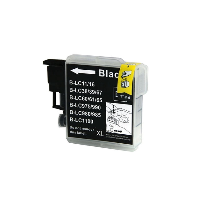 L-ink 6 Pack Compatible Ink cartridge LC61 Black (LC61BK, LC-61) shown in a close-up angled view, featuring a rectangular black and clear plastic ink cartridge with a black label listing compatible printer models and usage instructions, including a yellow pull tab, designed for use in printers requiring black toner cartridges.