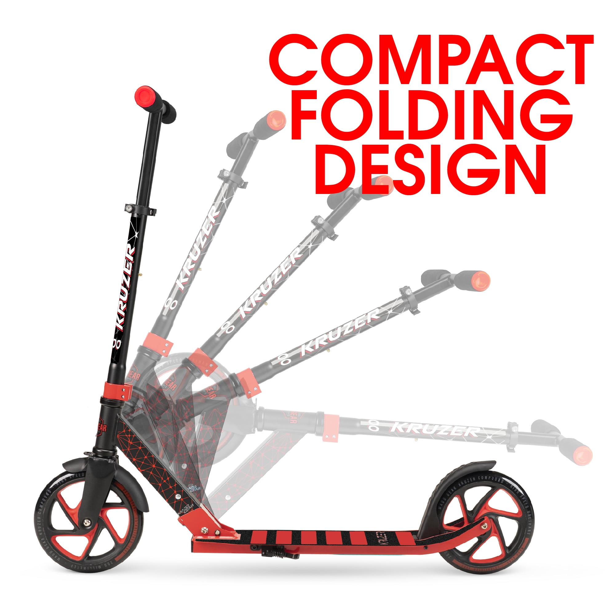 Madd Gear Kruzer 200 Trottinette pliante de déplacement pour adultes et ados Kruzer 200 grandes roues de 200 mm, guidon réglable, cadre en acier carbone léger - Rouge
