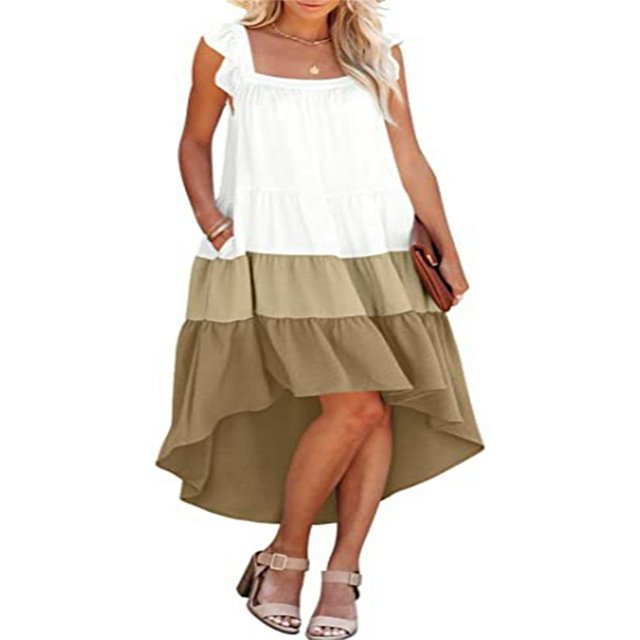 Femmes Été Volants Robe Manches Contraste Couleur/cou Carré Couleur Unie Ourlet Irrégulier Robe pour la Plage Date