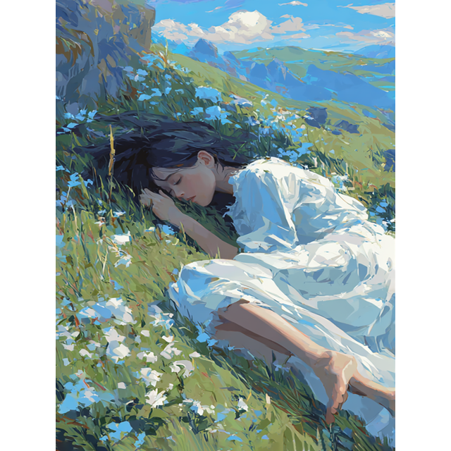 Toile Murale Fille Champ de Fleurs Endormie 15,75 X 11,81 Pouces