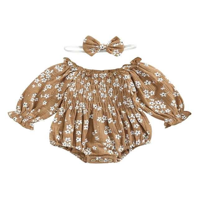 Infant Baby Girl Floral Long Sleeve Romper Headband Outfits Off Shoulder Ruffles Bodysuit Autumn Clothes