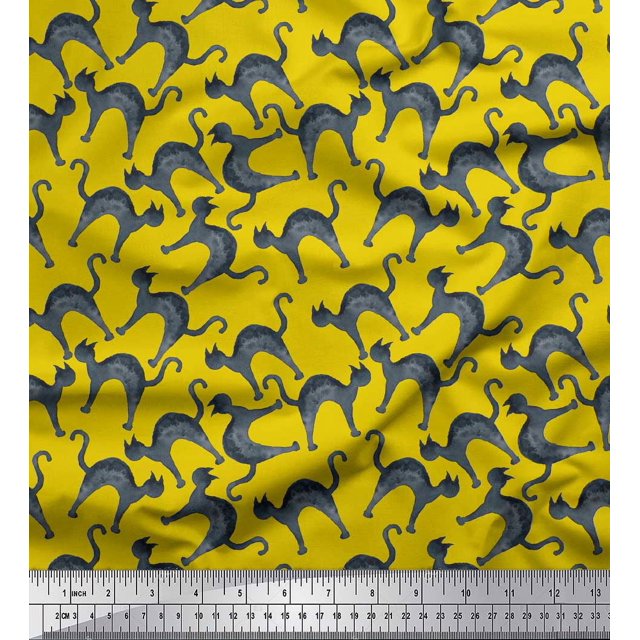 Soimoi Yellow polyester Crepe Fabric Cat Animal Print Fabric by the Yard 52 Inch Wide