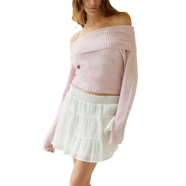 Faithtur Women's Spring Autumn Knit Tops Solid Color Long Sleeve Off Shoulder Slim Knitwear