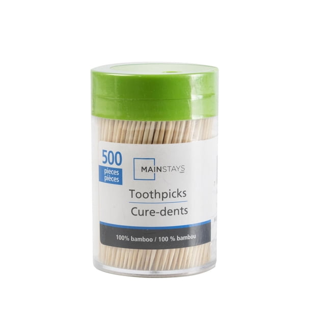 MS TOOTHPICKS Contenant Cylindrique Transparent de 500 Unités avec Couvercle Vert Tenant 500 Bambou Naturel TOOTHPICKS Mesurant 2,55 Pouces Chacun, Étiqueté en Anglais et en Français, Convient aux Soins Dentaires, aux hors-D'œuvre et aux Projets d'Artisanat.