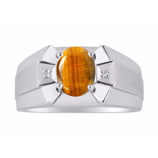 RYLOS Men's Rings Sterling Silver Rings Classic Designer 9X7MM Oval Gemstone & Diamond Ring Tiger Eye November Birthstone Ring Size 9