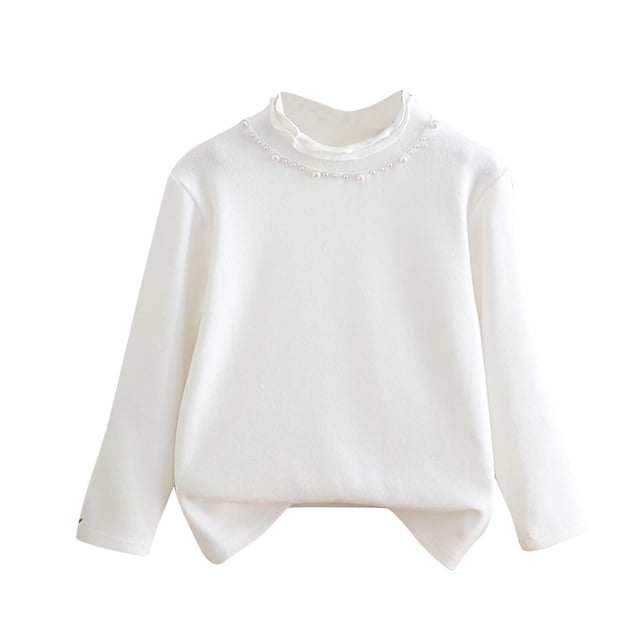 MeetoTime Chandail de Base pour Enfants Col Montant Demi-Haut Blanc à Fleurs Manches Longues Col Rond Haut Enfants Vêtements de Printemps Automne