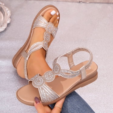 Fridja Sandales Larges pour Femmes Sandales Décontractées Tendance Tête Ronde Confortables Sandales de Plage Chaussures Cadeaux de Festival (Or,7)