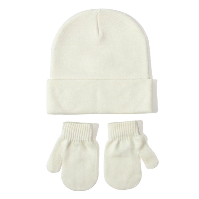 FAOWME Baby Knitted Hat And Glove Set Versatile Solid Color Fall Children Wool Pullover Hat White M