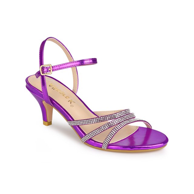 BLISSFUL STEP Chaussures pour Femmes Sandales à Talon Kitten à Bout Ouvert en PU avec Bride à la Cheville Ornée de Strass Violet 6