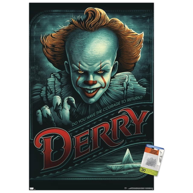 IT - Pennywise Derry Affiche Murale, 14,725 Pouces x 22,375 Pouces Encadrée, Représentant un Pennywise Stylisé aux Cheveux orange Vif et au Col à Volants, Main Griffée Tendant vers l'Avant. l'Arrière-plan Sombre Présente un Grand Texte « Derry » Rouge et un Bateau en Papier Flottant sur l'Eau, avec la phrase « Avez-Vous le courage de Revenir? ». Idéal pour la Déco de la Maison Ou les Contextes de Fêtes à Thème.