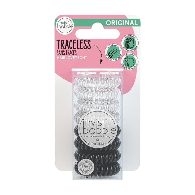 Invisibobble - ORIGINAL Multipack (8pc) with eight traceless elastic hair rings in crystal clear and true black, designed for less hair damage, marks, and pain with strong grip and all-day comfort, shown in clear plastic packaging with pink and green branded backing, also suitable for securing cables or small items.
