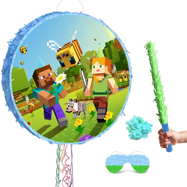 4Pcs Pixel Game Pinata set including a large round Minecraft-themed piñata with pixelated designs of characters and bees, a sturdy green piñata stick, blue and green confetti, and a matching eye mask. Perfect for Minecraft party supplies and birthday decorations.