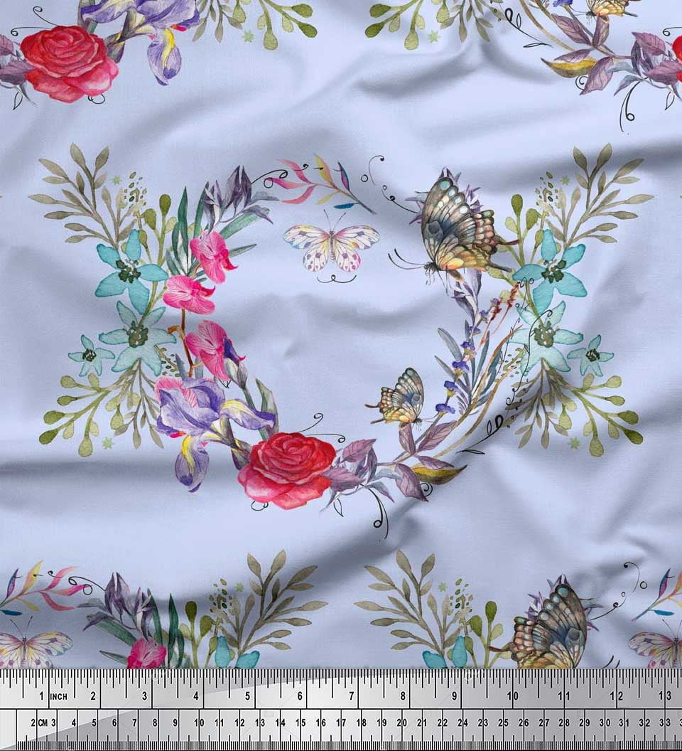 Soimoi Blue Polyester Crepe Fabric Insect,Rose & Wreath Flower Print Fabric by The Yard 52 Inch Wide