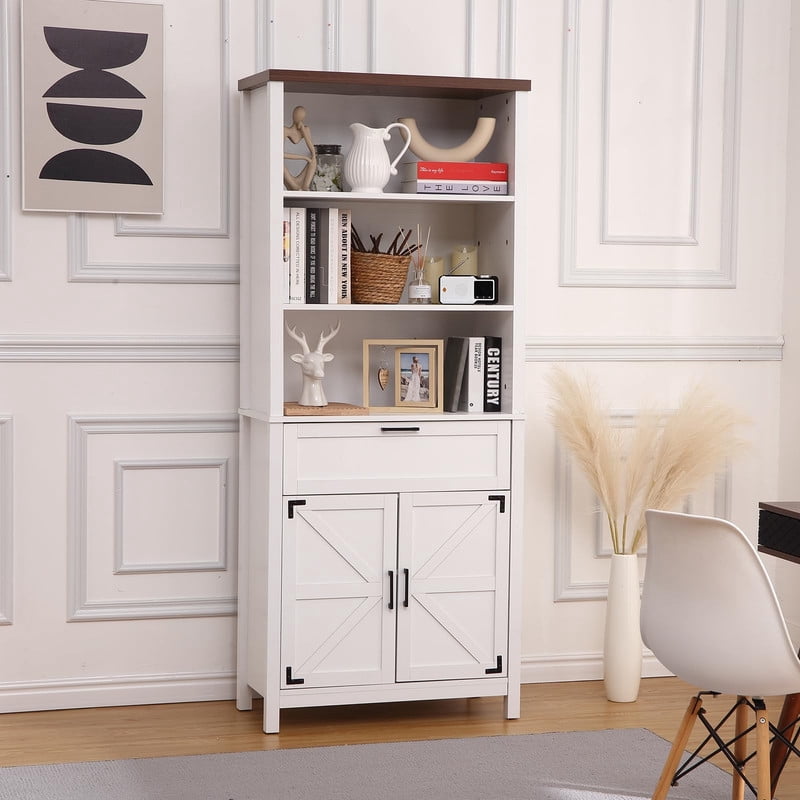 6-Tier Bookshelf with Drawers | 72" Farmhouse Bookcase for Living Room Storage