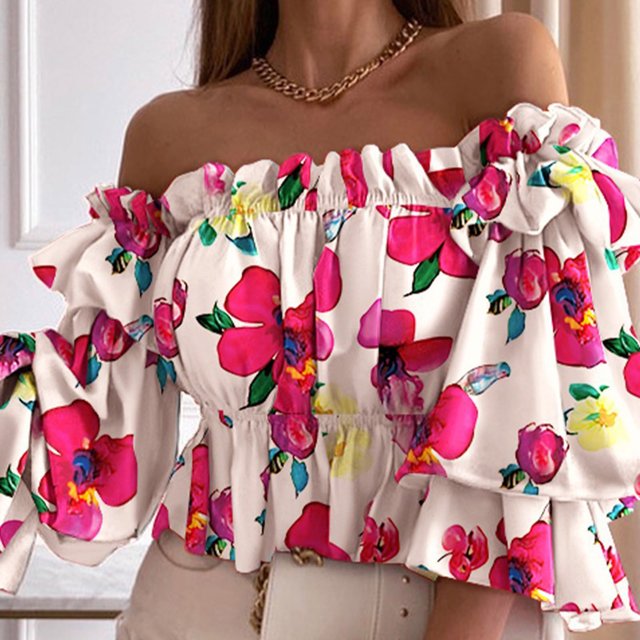 CEHVOM Ladies Summer Fashion One-Shoulder Three-Quarter Sleeve Print Chiffon Top
