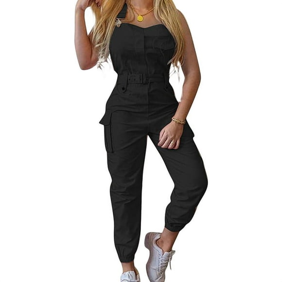 Women‘s Casual Stretch Adjustable Bib Overalls Square Collar Bodysuit Long Pants Jumpsuits with Pockets Yellow 2XL