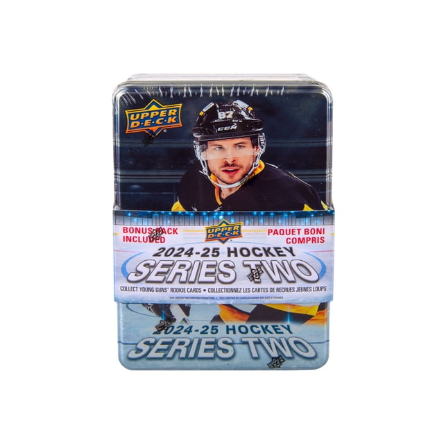 Boîte Métallique de Cartes à Échanger de Hockey Upper Deck Série 2 2024-25 Affichant une Boîte Métallique Scellée avec un Joueur de Hockey en Uniforme Noir et Jaune à l'Avant, Marquée avec les logos Upper Deck et le Texte de la Série Deux, Incluant une Étiquette de Paquet bonus, Convient aux Collectionneurs de Cartes de Hockey pour Jeunes Pistolets Recrues et Vétérans.
