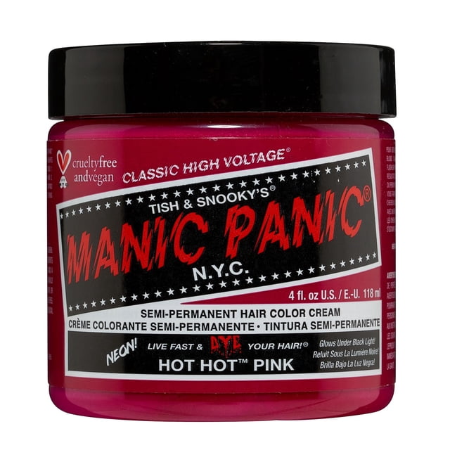 Manic Panic Hot Hot Pink semi-permanent hair color cream in a 4 fl. oz. jar with black lid, labeled cruelty-free and vegan, designed for vibrant neon pink hair dye that glows under black light, suitable for personal care and hair colour use.