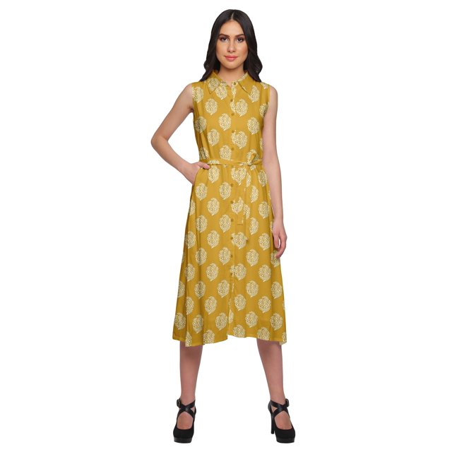 Moomaya Robe Décontractée Boutonnée à Col à Revers Imprimé avec Ceinture en Tissu Ajustable