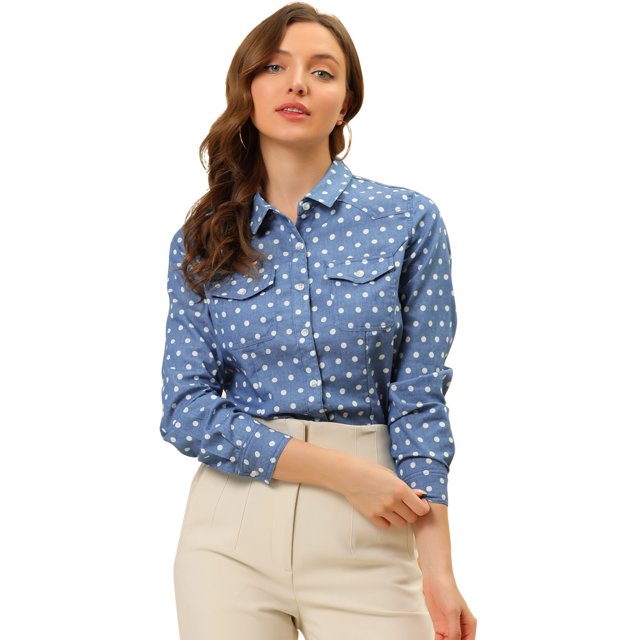 INSPIRE CHIC Chemise à Pois pour Femme à Col Pointu, Manches Longues, Boutonnée