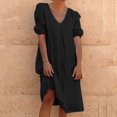 thumbnail image 2 of Robe d'Été pour Femmes Grande Taille en Coton et Lin à Manches Mi-Longues, Col en V, Midi Unie, Robe Décontractée pour Femmes, Robe T-Shirt Ample, 2 of 6