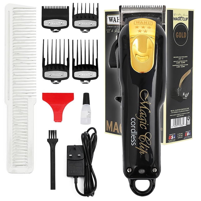 WAHL High Carbonization Stainless Steel Blade Wireless Professional Hair Clipper with a black and gold finish. The set includes the cordless clipper, four guide combs, a cleaning brush, a red blade guard, blade oil, a white comb, and a UK plug charging adapter. Designed for professional hair cutting and styling.
