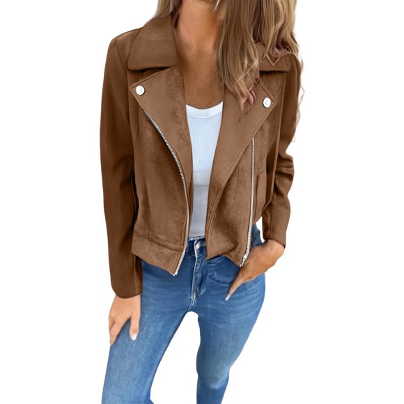 iHPH7 Suede Jacket Women Womens Jacket Cropped Jacket Fall Outfits Zip Up Jacket Fall Jacket Women's Activewear Coffee M