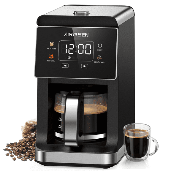 AIRMSEN Cafetière 2 en 1 avec Moulin, Machine à Café Compacte Programmable 5 Tasses, 3 Réglages de Mouture, Maintien au Chaud jusqu'à 4 Heures et Infusion Différée de 24 Heures