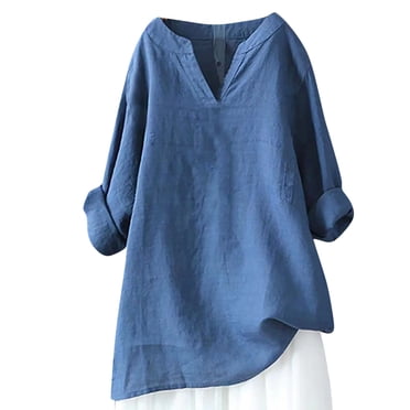 IROINID Savings Plus Size Shirts for Women Cotton Shirts for Women Leisure Slot Neck Long Sleeve Loose Cotton And Linen Shirts Summer Shirts Blouse,Light Blue